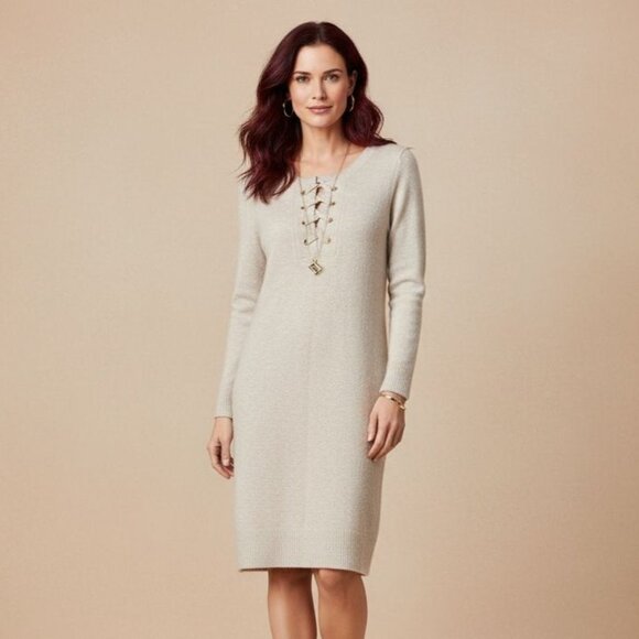 Lace-Up Knit Sweater Dress M Wool Shift Long Sleeve Beige Cozy Ribbed Hem Detail - Picture 10 of 10